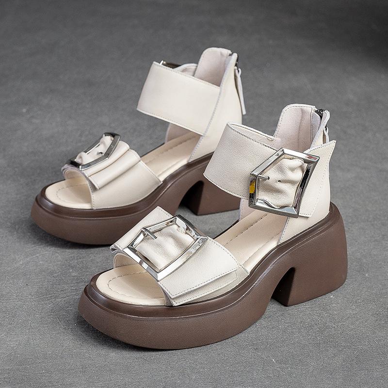 Johnature Genuine Leather Peep Toe High Heel Sandals Women Retro Comfortable Breathable Thick Sole Shoes