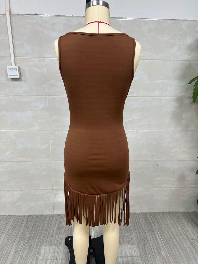 Retro Western Deep V Fringe Spaghetti Strap Slim Fit Dress