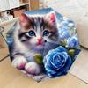 Portable Folding Umbrella | Featuring a Fluffy Gray and White Kitten with Vivid Blue Eyes Surrounded by Blooming Blue Roses |