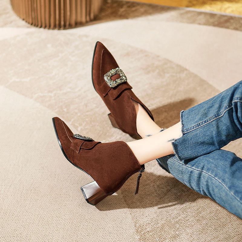 thick-heeled short boots women's new short women's boots retro v-mouth high-top shoes rhinestone square buckle pointed deep-mouth single shoes