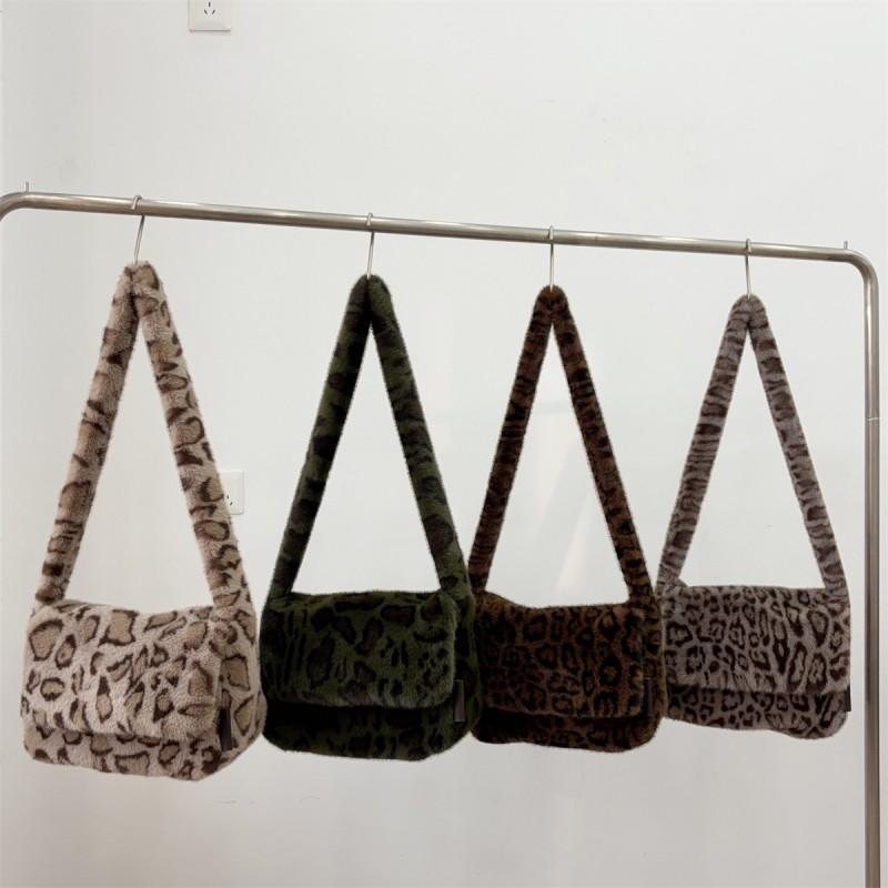 Fall Winter Faux Fur Leopard Tote Bag Large Capacity Shoulder Crossbody Students