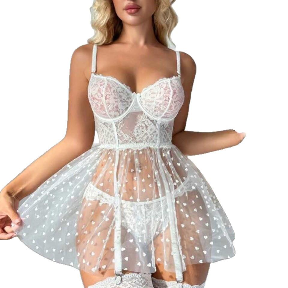 European American Sexy Lingerie: Mesh See-Through Lace Suspender Nightgown Set