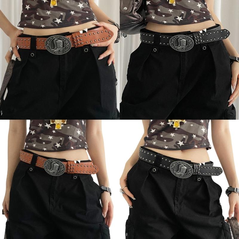 Punk Adjustable Women's Belt Embellished with Retro Studs and Carved Detailing for Edgy Fashion Looks