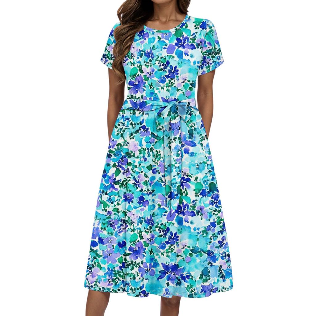 Women's Summer Fashion Round Neck Casual Plant Floral Print Short Sleeve Dress
