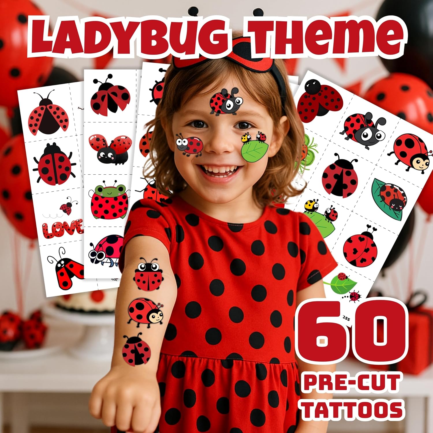 60PCS Ladybug Temporary Tattoos for Kids - Pre-Cut, Cute Birthday Party Favors, Supplies & Decorations - Fun Fake Tattoo Stickers for Boys & Girls