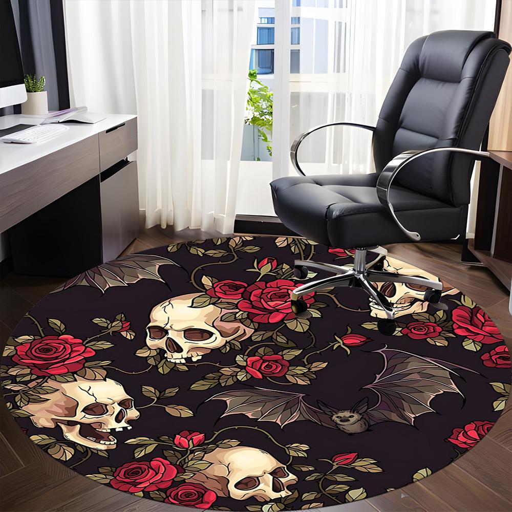 1pc Skull Roses Bats Pattern Office Round Rug, Carpet for Office, Gaming, Lightweight Round Floor Mat Yy260208090