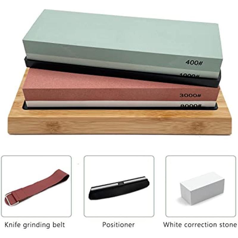 1Set Kitchen Knife Sharpening Stones Set Knife Sharpening Kit 400/1000 3000/8000 Grit Wet Stone Flattening Stone Angle Guide Leather Strop