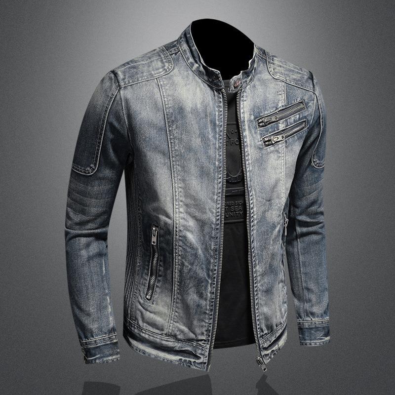 Military Denim Jacket Men Spring Autumn Motorcycle Slim Fit Cowboy Jackets Mens Vintage Wash Oblique Zipper Jean Coats Size 4XL