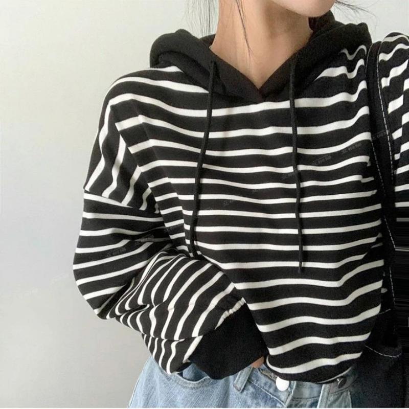 

Women s New Spliced Socket Hooded Stripes Fashionable Loose Versatile Casual Long-sleeved Sweatshirts M чорний