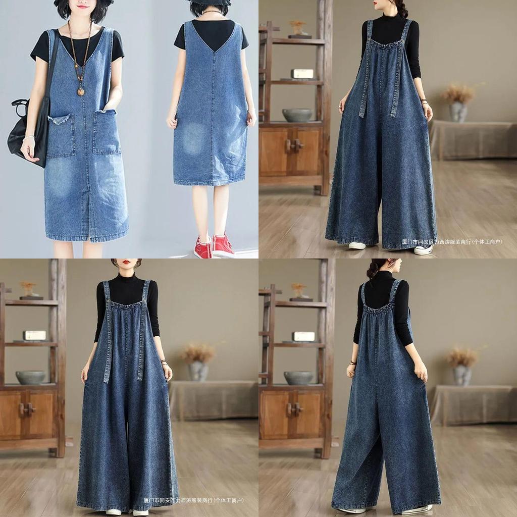 Tute di Cotone Denim da Donna a Vita Alta e Vestibilità Larga per Uso Casual Primavera Estate