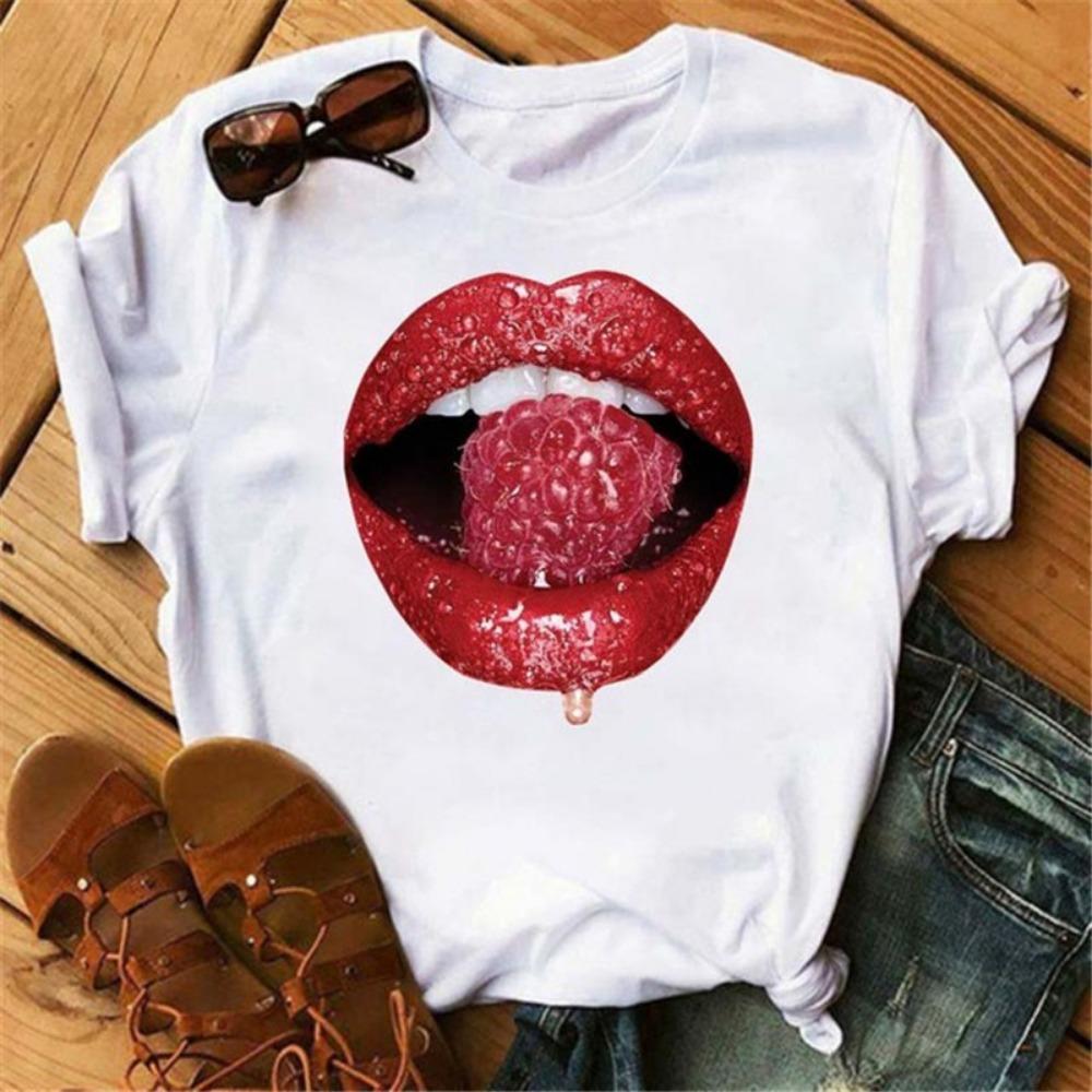 Fashion Lips Print Women T Shirt Casual Short Sleeve O Neck Loose Women Tshirt Ladies Tee Shirt Tops Clothes Camisetas Mujer