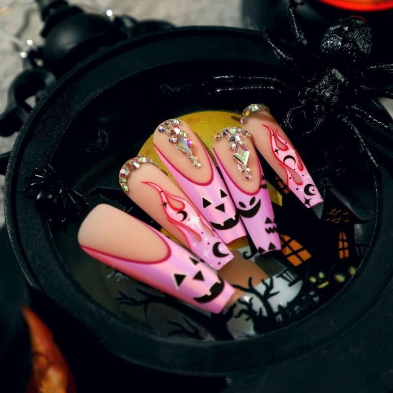 1 Sheet Coffin Press on Nails French Fake Nails Tips Full Cover Acrylic Nails Glossy Horrible Halloween False Nails