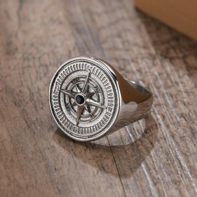 3D Compass Ring for Men Chunky Round White Gold Color Stainless Steel Finger Cool Boys Punk Rock Jewelry Wholesale Gifts