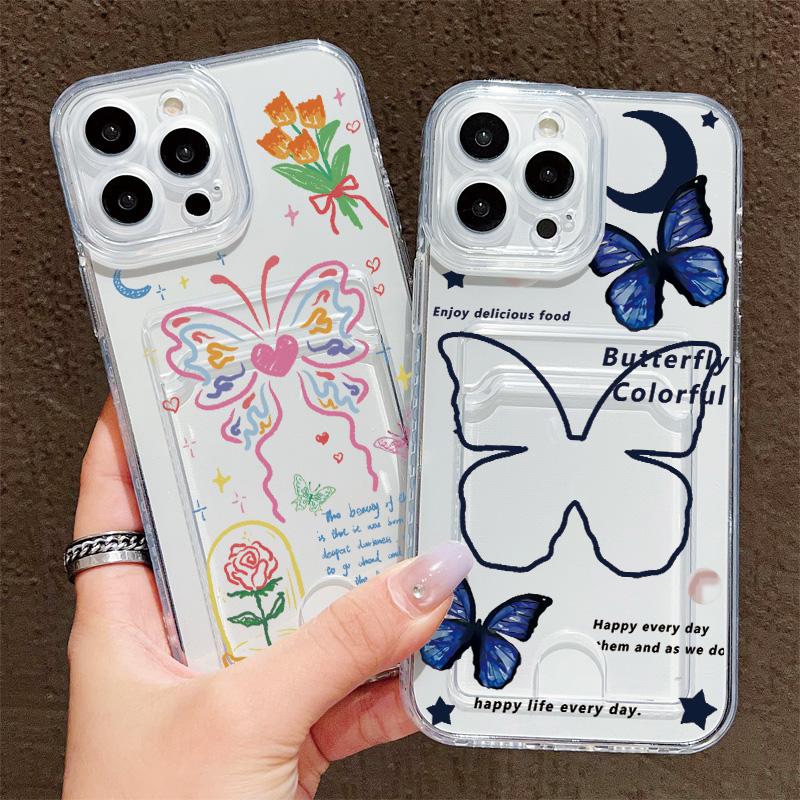 Card Slot Holder Silicone Wallet Pocket Case For Oppo A38 A58 A60 A78 Infinix Note 30 Samsung A06 A16 A36 A56 Redmi Note 13 Cover Clear Phone Bumper