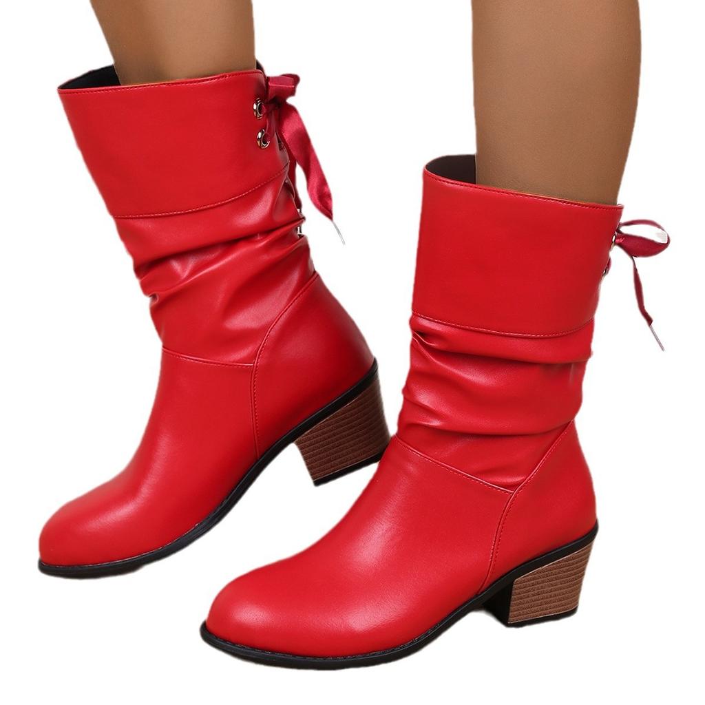 Pointed Mid-tube Women's Boots Autumn and Winter New Mid-heel Back Lace-up Knight Boots Women