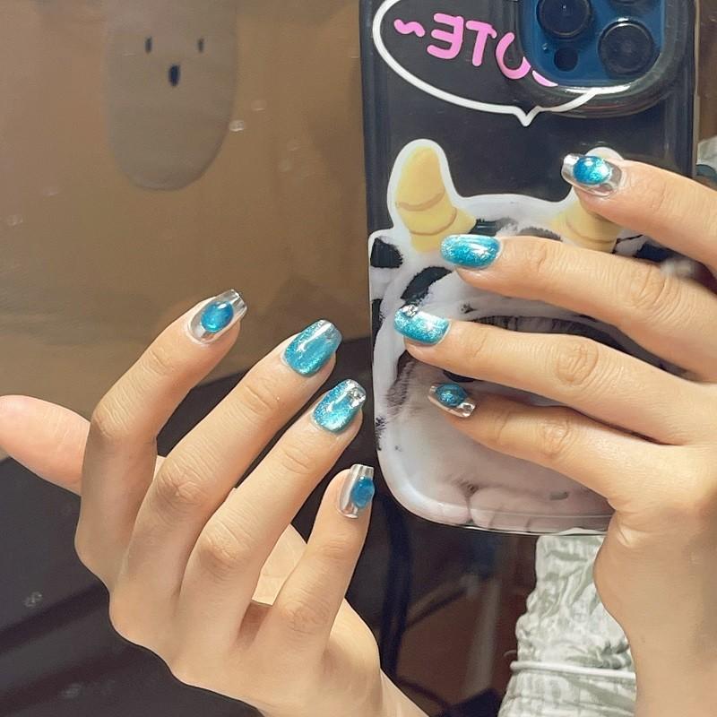 HANDMADE Artificial Nail Blue Magic Starry Sky Cat's Eye Phototherapy Nails Fake Nails Reusable and Removable Nails