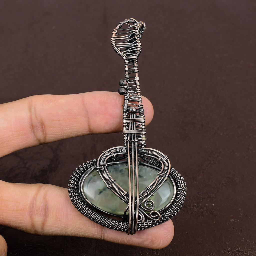 Natural Moss Prehnite Stone Handmade Copper Wire Wrap Guitar Pendant 3.1" J4k58
