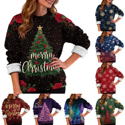 Damen Casual Mode Rundhals Plus Samt Verdicktes Weihnachtsdruck Sweatshirt