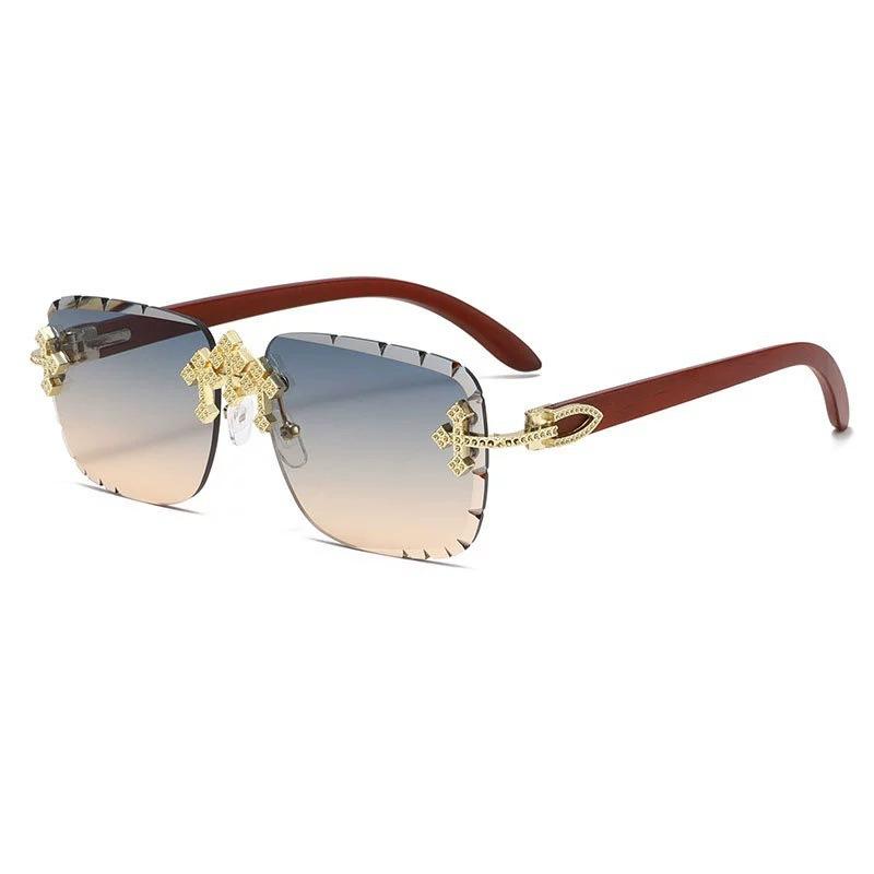 Cross-set diamond sunglasses men's high-end sense frameless trimmed lace wood grain legs sunglasses women's fashion street glasses
