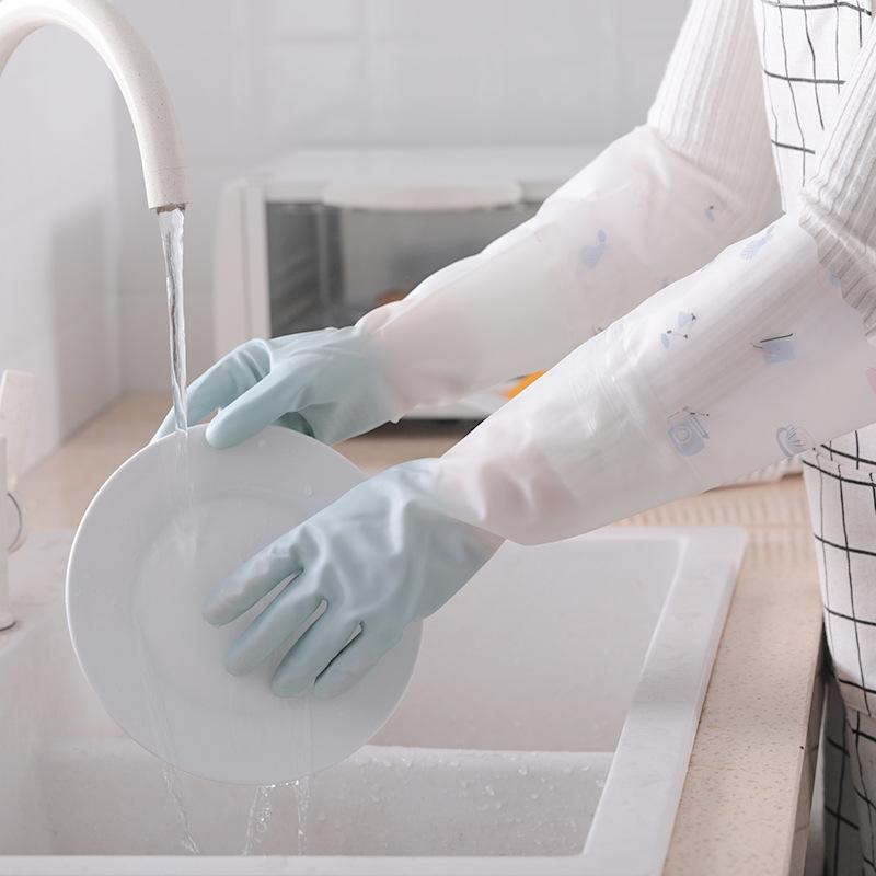 Winter Dishwashing Gloves Women's Kitchen Household Thickened Rubber Washing Clothes Waterproof Rubber Durable Household Work with Velvet