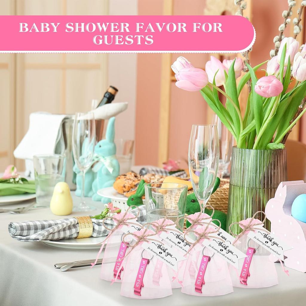 Maxcheck 50 Sets Baby Shower Bottle Opener Favors for Guest Includes It's a Girl Keychain Pink Bottle Opener Aluminum Keychain Baby Shower Thank You