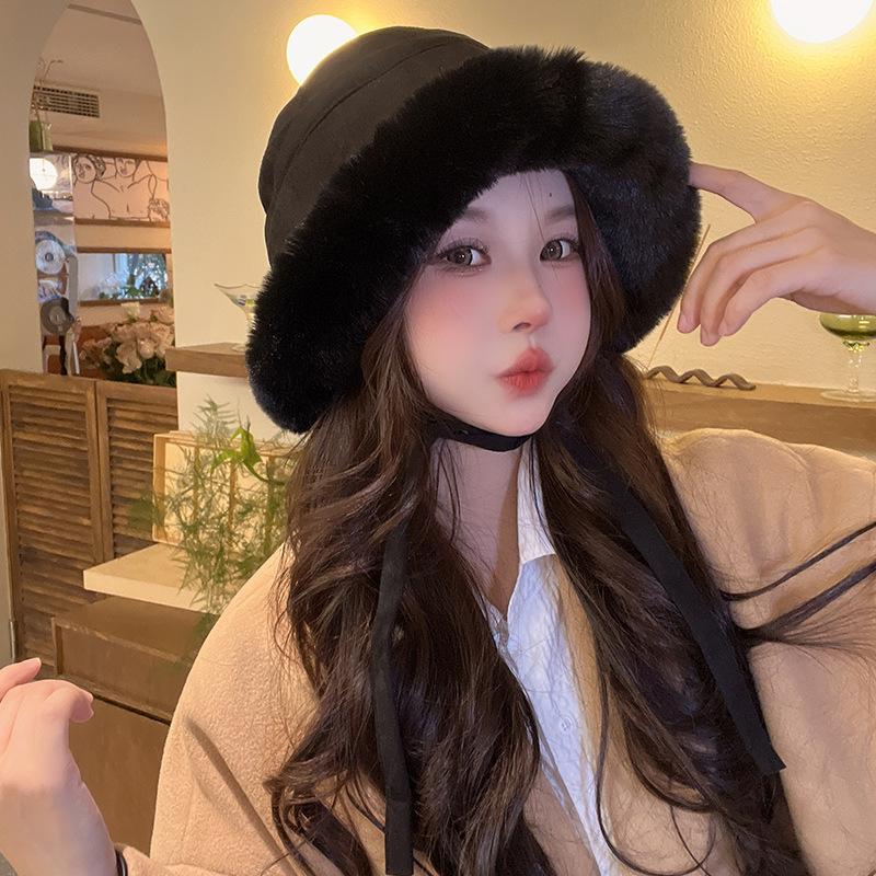 Plush Thickened Furry Mongolian Hat Live Broadcast Same Solid Color Suede Lace Up Ear Protection and Warm Fisherman's Hat