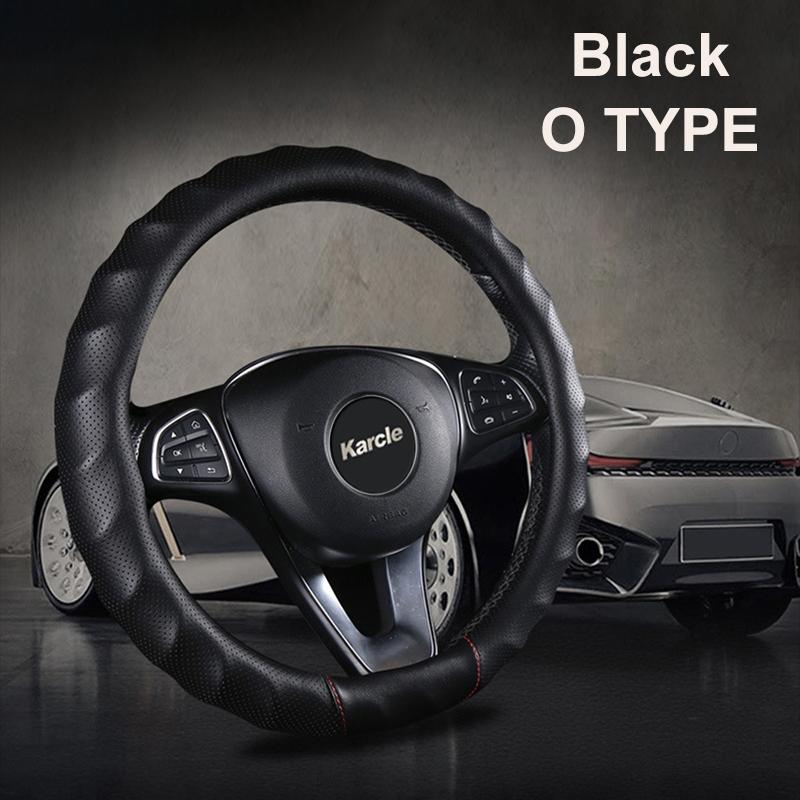 Karcle 3D PU Leather Steering Wheel Cover 15 Inch O/D Type Great Grip Anti-Slip Design Four Seasons Auto Car Protection