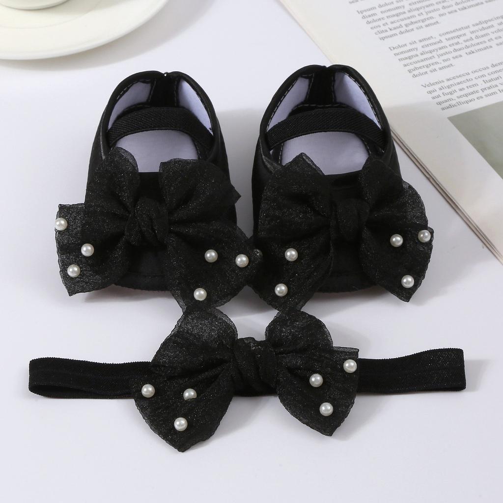 Elegant Lace Pearl Tulle Bow Baby Crib Shoes Matching Stretch Headband Set, Non-Slip Flexible Sole Toddler First Walkers Princess Outfit Accessory
