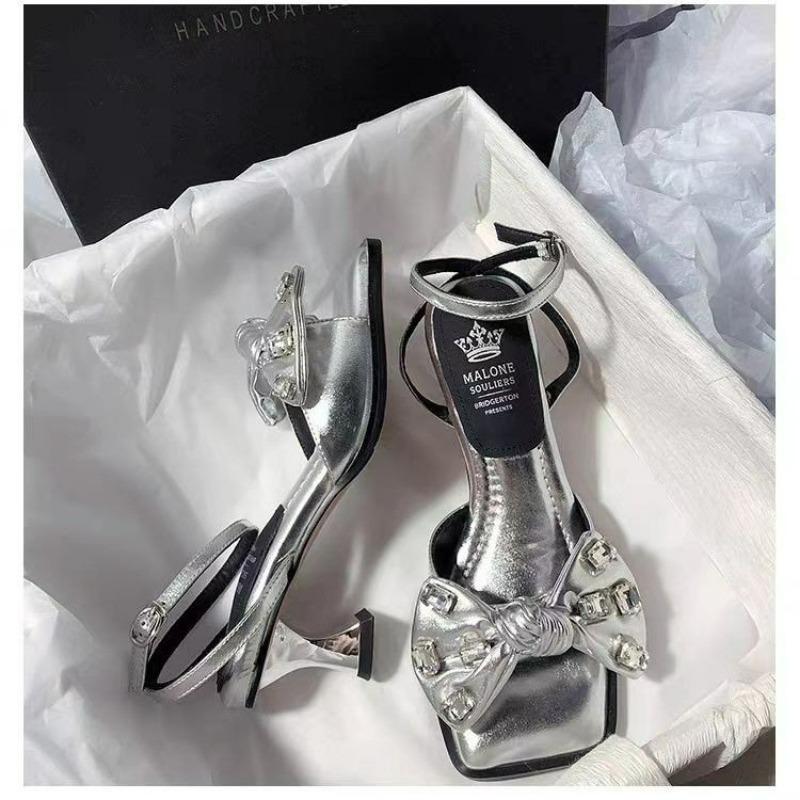 Fashion Summer New High Heels Rhinestone Bow Women's Shoes Square Head Thick Cross Strap One Line Buckle Sandals