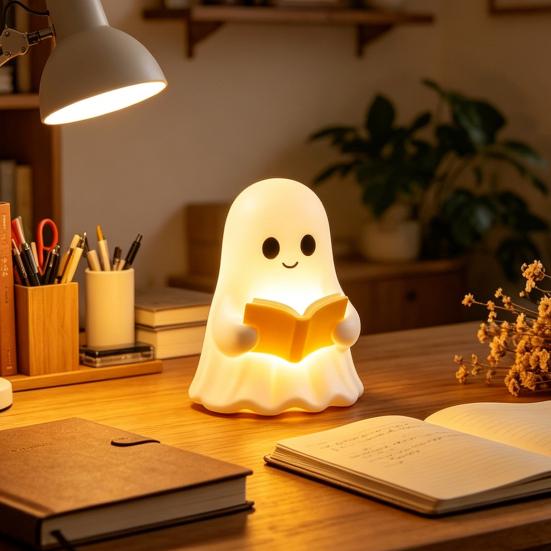 Yousheng Cute Ghost Reading Book Lamp, 3D Halloween Ghost Night Light, Warm Light Up Ghost Statue for Indoor Home Mantel Shelf Table Decor