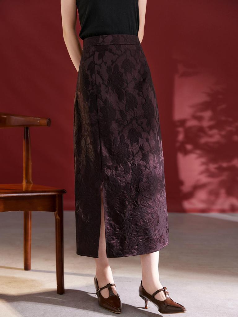 Autumn 2025 Women's Silk Jacquard Retro Slit Bodycon Midi Skirt