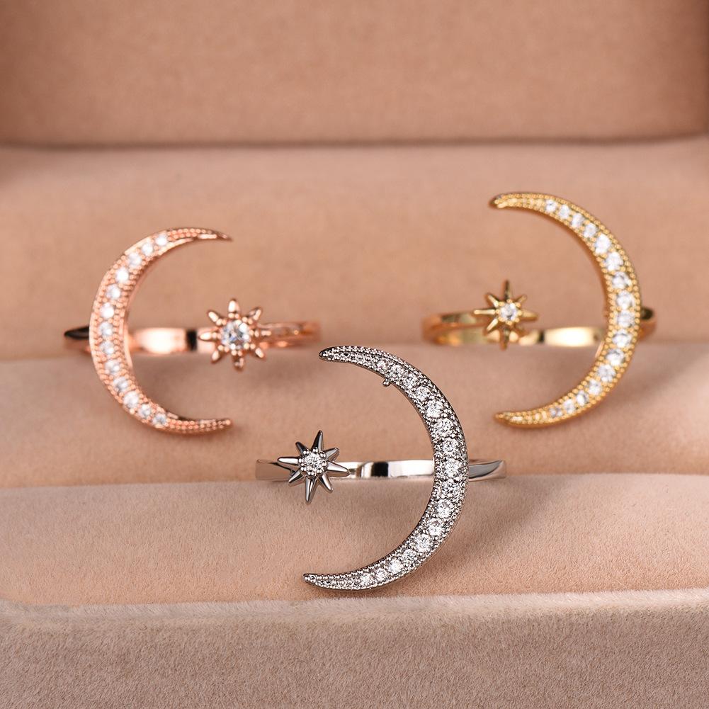 Accessories: White Diamond Crescent Star Moon Ring with Adjustable Opening for Women