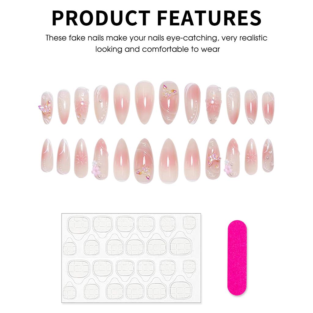 Blush Almond False Nails with Flower Decor Natural Unbreakable Nail Simple Wear for Shopping Traveling Dating