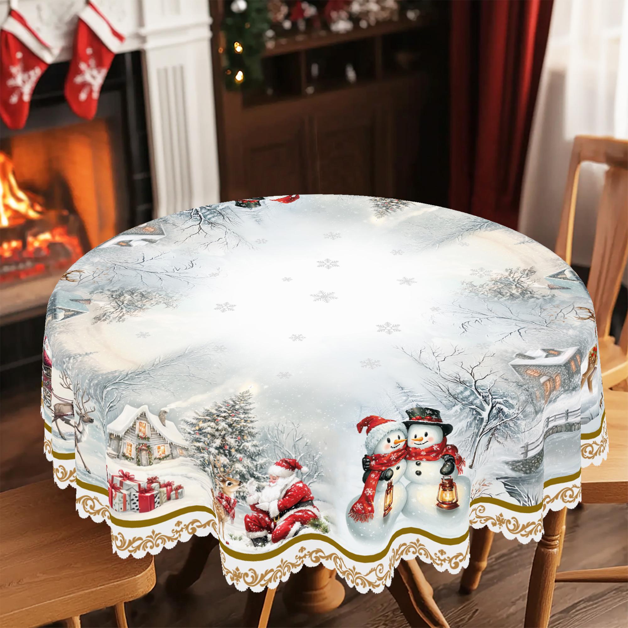 

1 Piece Christmas Round And Rectangular Tablecloth, Various Sizes, Christmas Cute Snowman, Forest Pattern White Snowflake Print Pattern Tablecloth For 140X180Cm