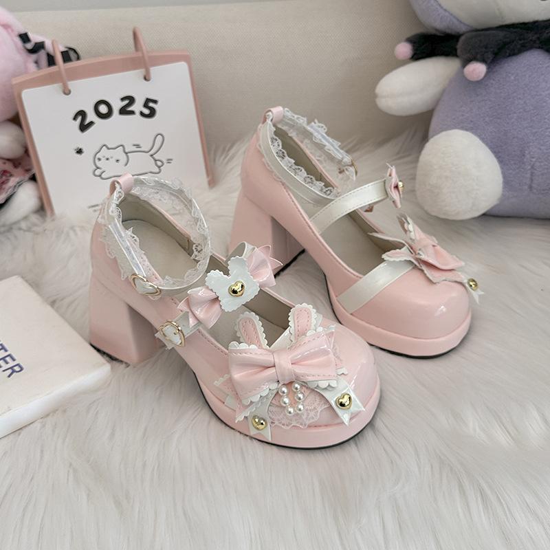 Fashion Japanese Style Butterfly Knot High Heel Platform Lolita Shoes Sweet Women's Mary Jane Shoes Heart Buckles Decor Zapatos De Mujer