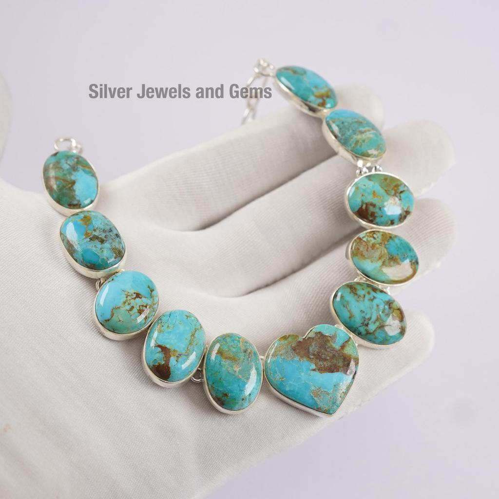 Natural Kingman Turquoise Necklace, Cluster Heart Necklace, 925 Sterling Silver Necklace, Gift for Wife, Turquoise Statement Necklace