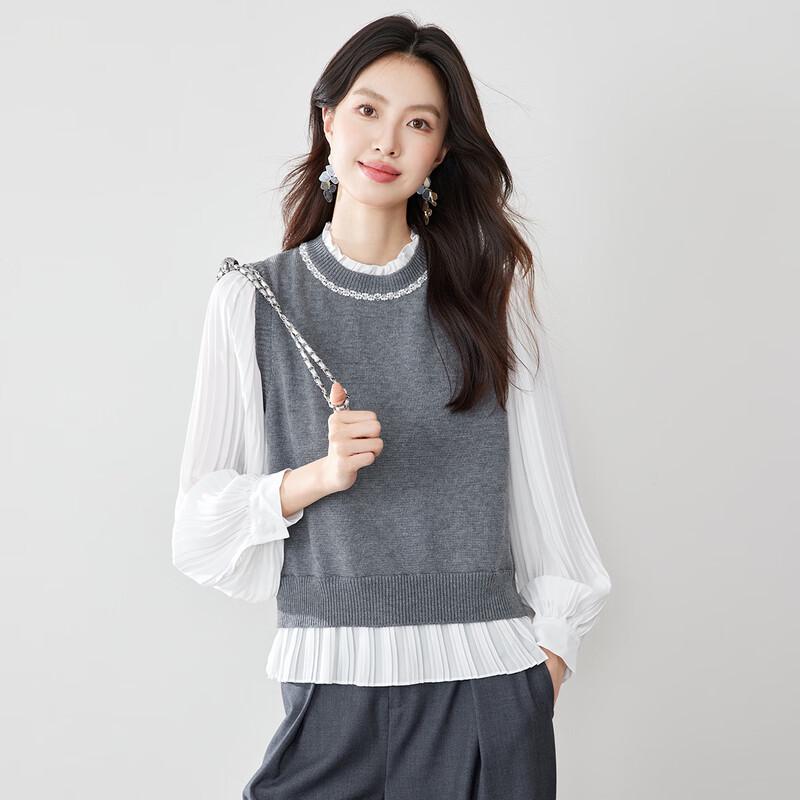 CARBAMMI Women s Faux Two-Piece Spliced Knit Top L