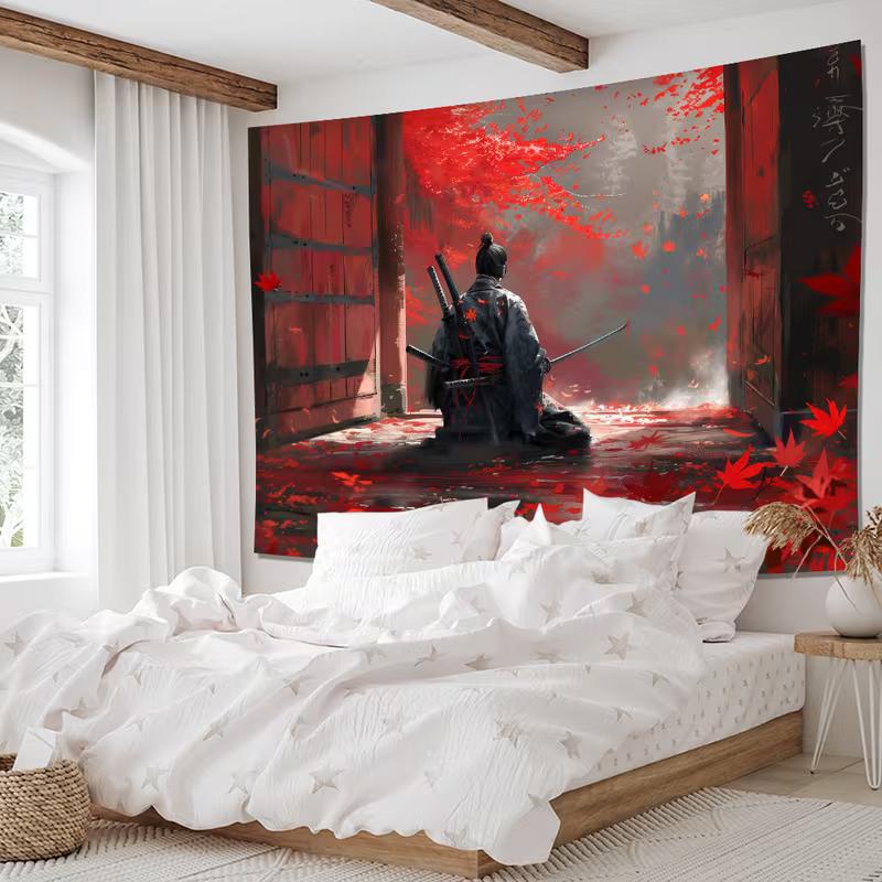 2D Japanese Samurai Ronin Tapestry, Red Leaves Temple Gate Wall Art for Home Decor