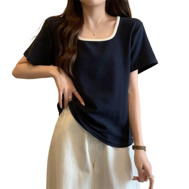 Women's Summer Loose Plus Size Square Neck Slimming Short Sleeve T-shirt - Stylish and Versatile for Chubby and Slightly Chubby Figures