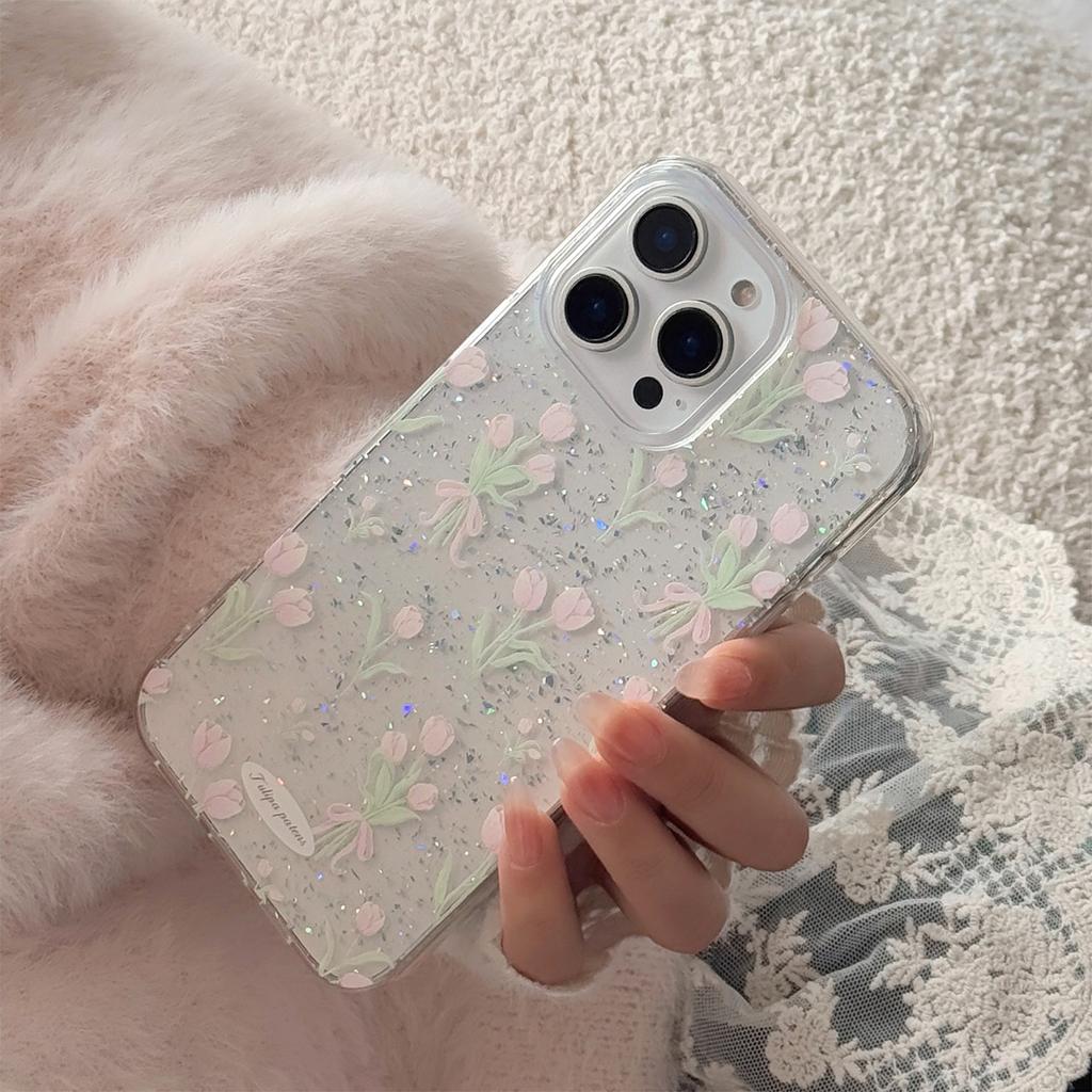 Spring Tulips Suitable for Apple 17promax Mobile Phone Case 16 Pink Beautiful Iphone14 Flash Powder 11 Anti fall
