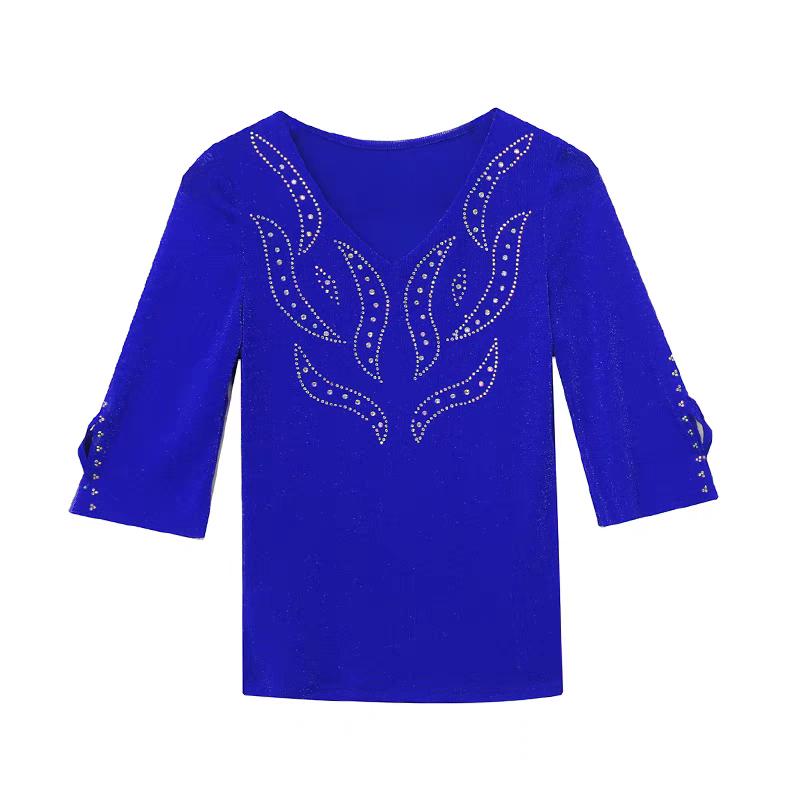 New Women's Clothes T-shirt Sexy V-Neck Hot Diamonds Tops Shirts Summer Girl Slim Mesh Half Sleeve Tees Blouse