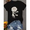 European Sizes Casual Short Sleeve T-Shirt - Elegant Rose & Female Figure Graphic Print, Black with White Design, Round Neck