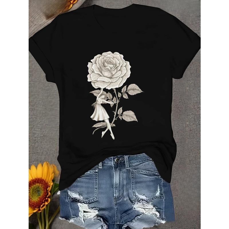 

European sizes Casual Short Sleeve T-Shirt - Elegant Rose & Female Figure Graphic Print, Black with White Design, Round Neck 4XL