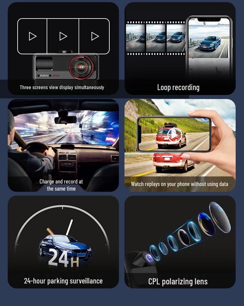 High-Definition Dual-Lens Dash Cam with Wide-Angle Night Vision and WiFi for Front, Interior, and Rear Recording