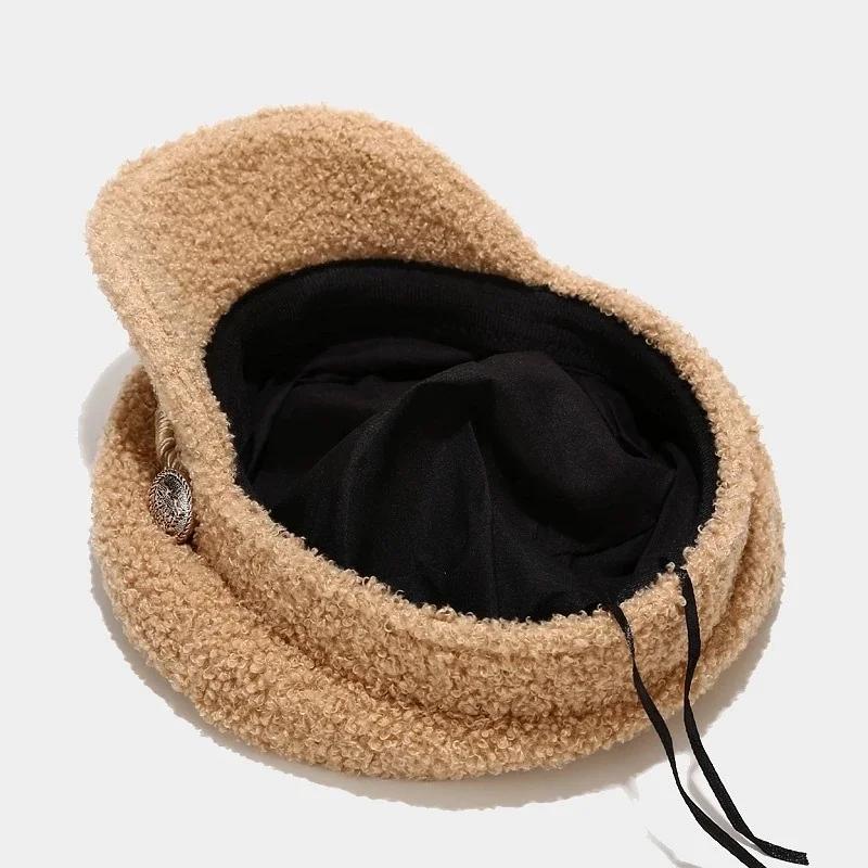 Herbst Winter Militär Kappe Frauen Mode Lammwolle Zeitungsjunge Mütze Damen Casual Warm Halten Flachen Hut Weibliche