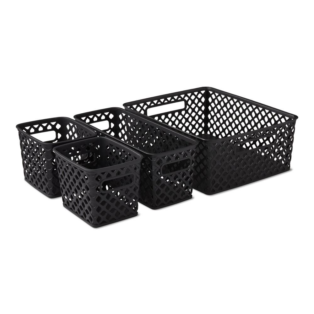 

4 Piece Black Decorative Storage Basket Set Durable Plastic Organization Bins with Cut-Out Handles Versatile Home Storage United States