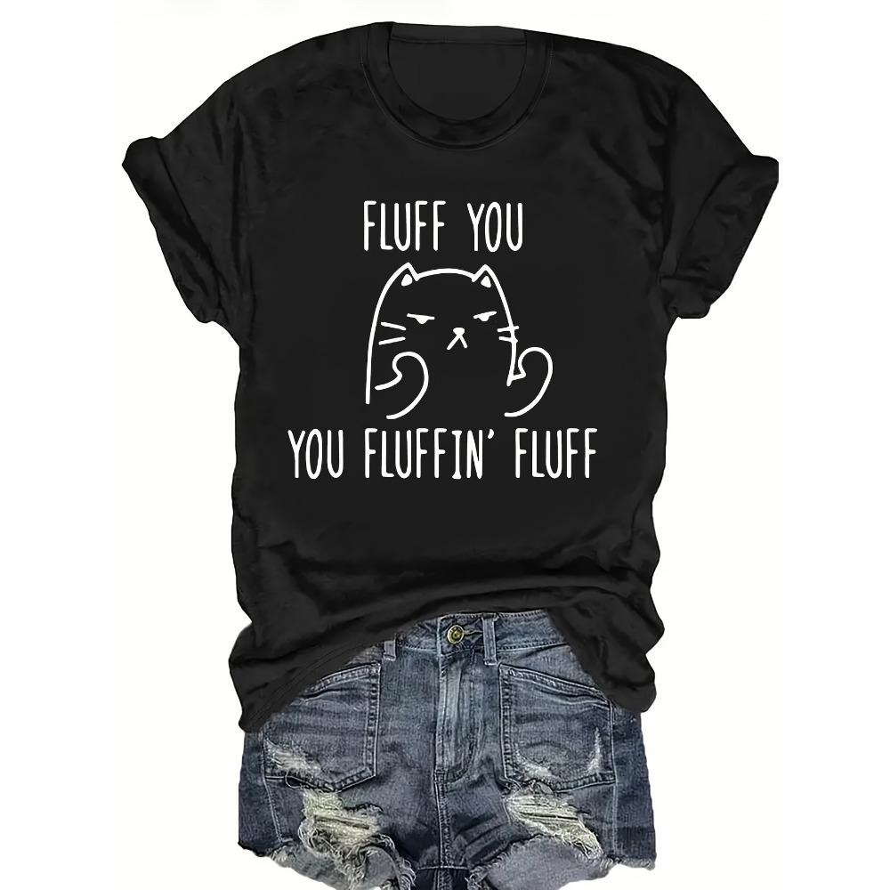 T-shirt da Donna in Cotone a Maniche Corte Fluff You Gatto Maglietta da Donna Grafica Divertente Casual Top Bianco