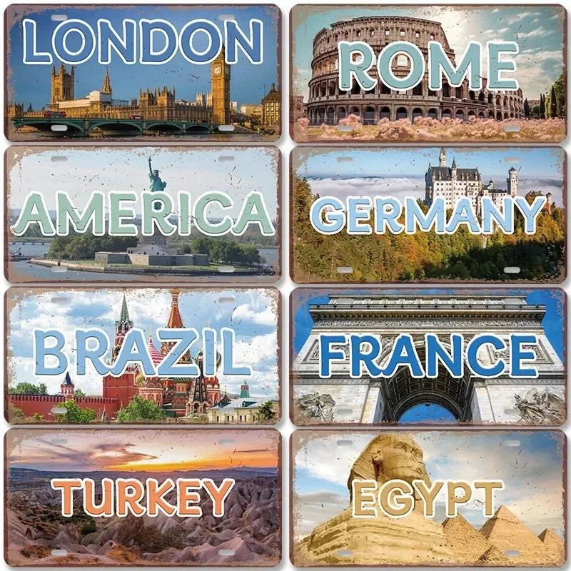 Vintage Metal Tin Signs Decors Country Capital City License Plate Retro America France Brazil Turkey Metal Posters Cafe Club Bar