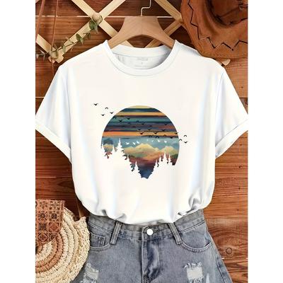 Damskie Bawełniane Koszulki z Krótkim Rękawem Zachód Słońca Leśny Krajobraz Damski T-shirt Grafika Natura Codzienny Top Outdoorowy
