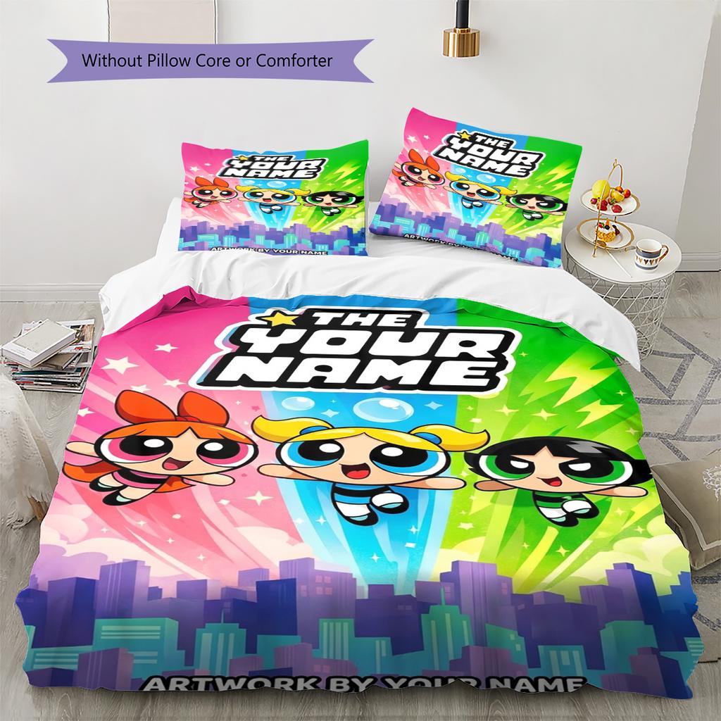 Name Custom Cartoon Powerpuff Pattern Bedding Set Quilt Cover Pillowcase Home Decor Gift (1 * Duvet Cover + 2 * Pillowcase, Without Core)